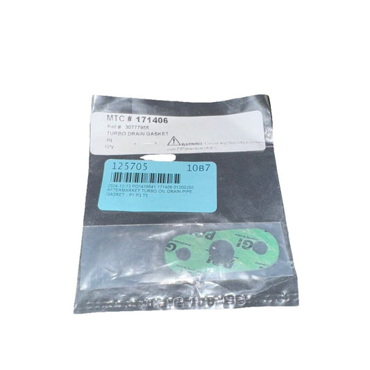 Turbocharger Oil Return Line Gasket MTC 171406 – a green and black plastic bag with a white label