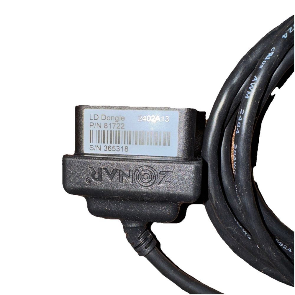 Zonar Light Duty Dongle Cable 81722 – a black cable with a barcode on it