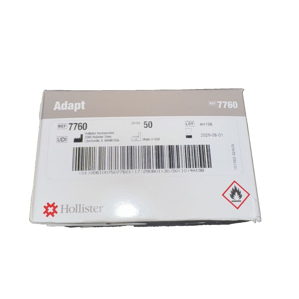 Hollister 7760 Adhesive and Barrier Remover Adapt Wipe 50 EA – a box of a white plastic box with a barcode on it