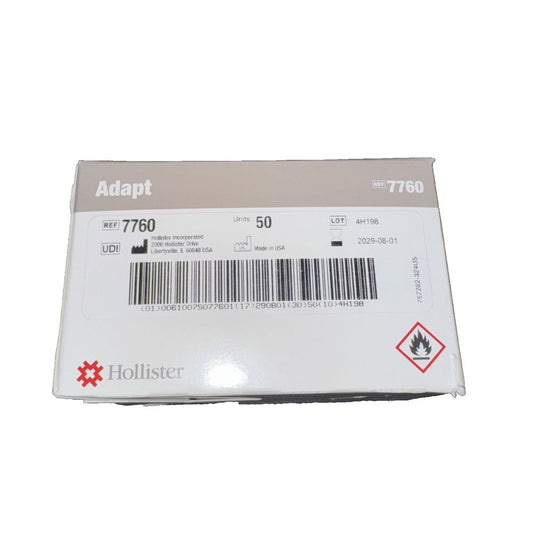 Hollister 7760 Adhesive and Barrier Remover Adapt Wipe 50 EA – a box of a white plastic box with a barcode on it