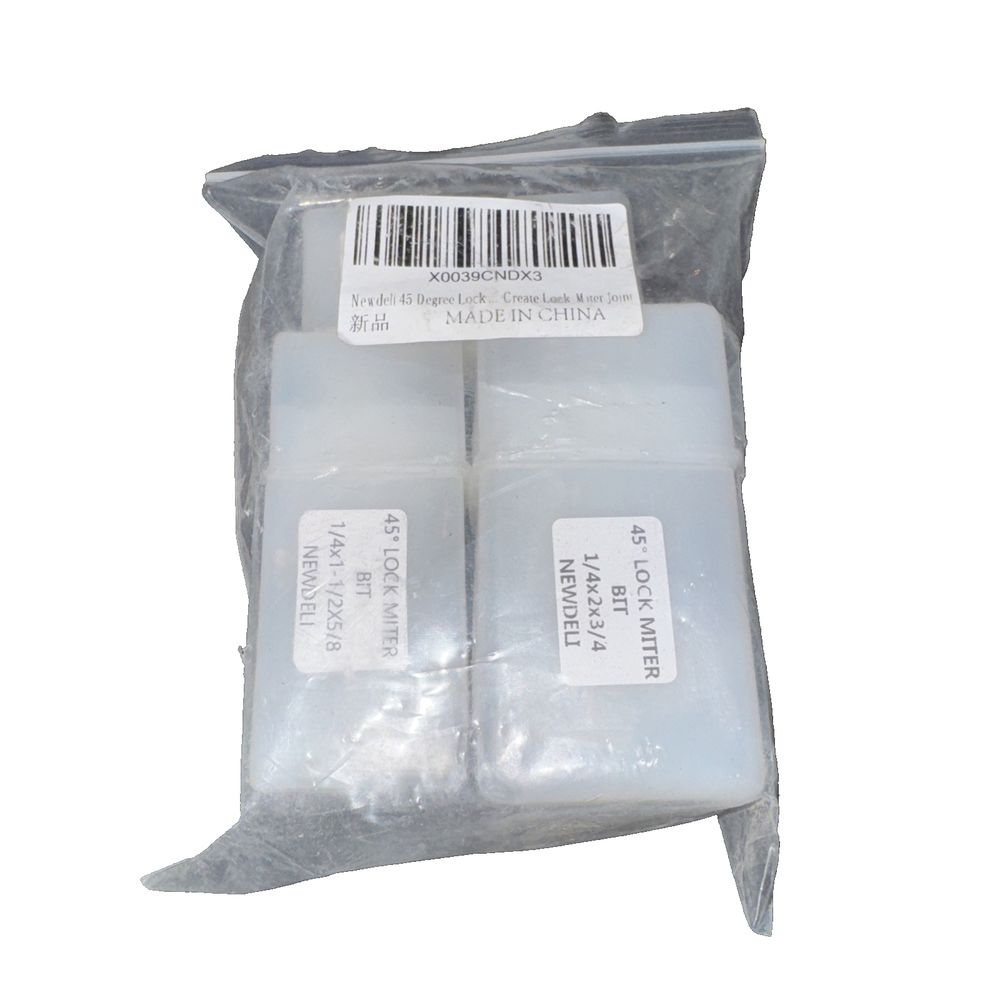 45 Degree Lock Miter Router Bit 3-Piece Set, newdell – a package of two plastic bags with a white label