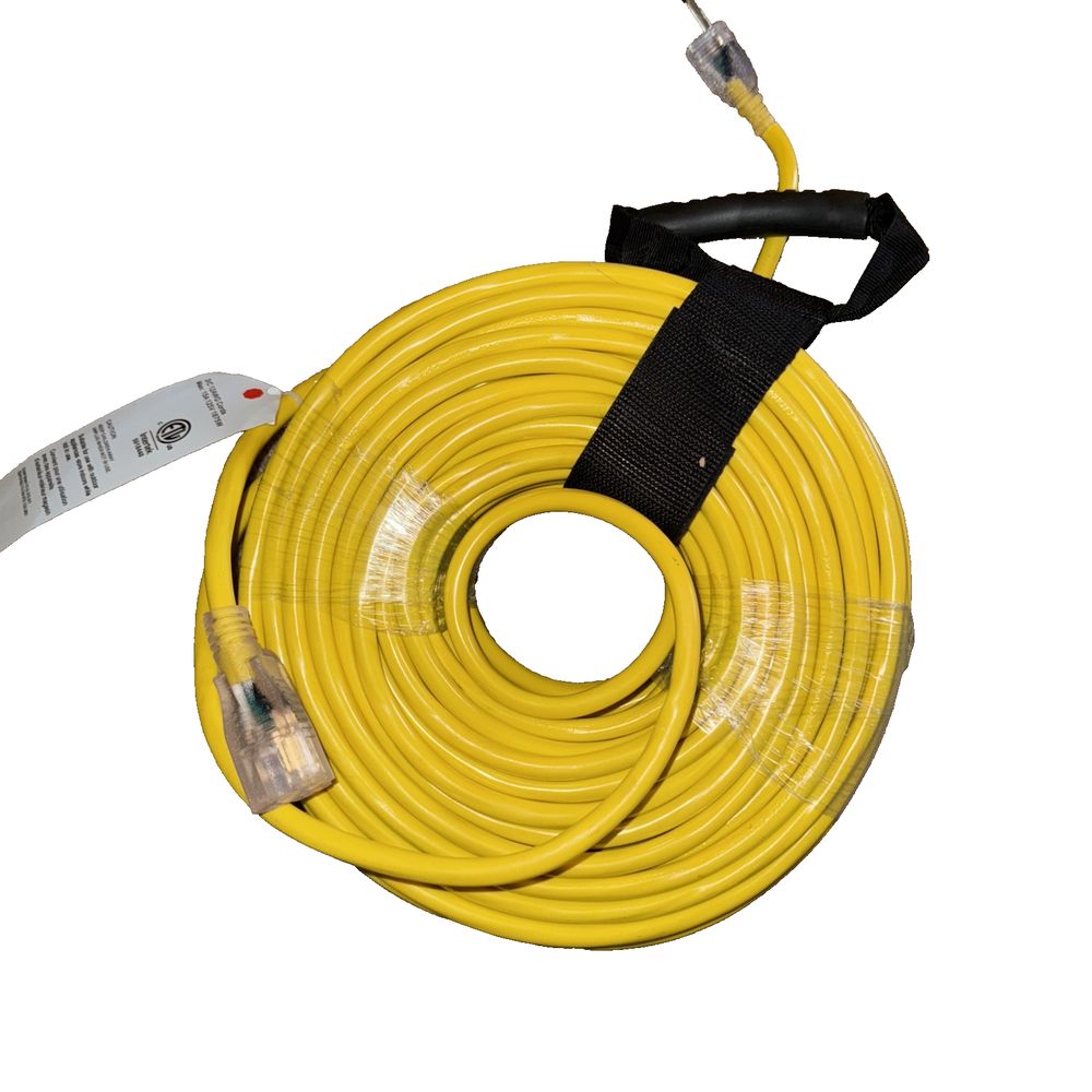 POWGRN Exenstion Cord 12 AWG 150 FT Lighted Yellow – a yellow extension hose with a black handle