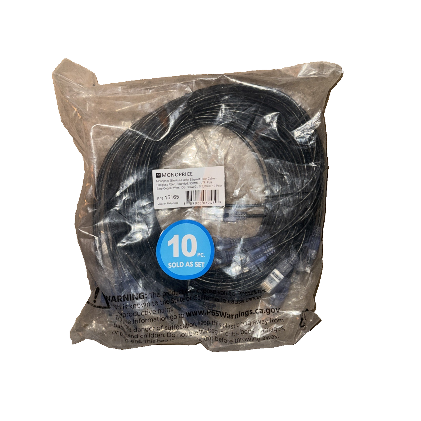 Monoprice Cat6A Ethernet Patch Cable 10ft 5-Pack Black