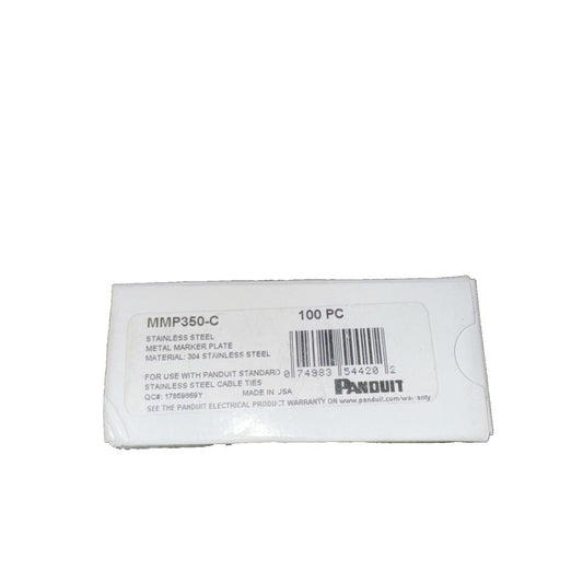 Panduit MMP350-C Marker plate, four holes, 304 Stainless Steel 3.50" X .75"100pc – a white box with a label on it