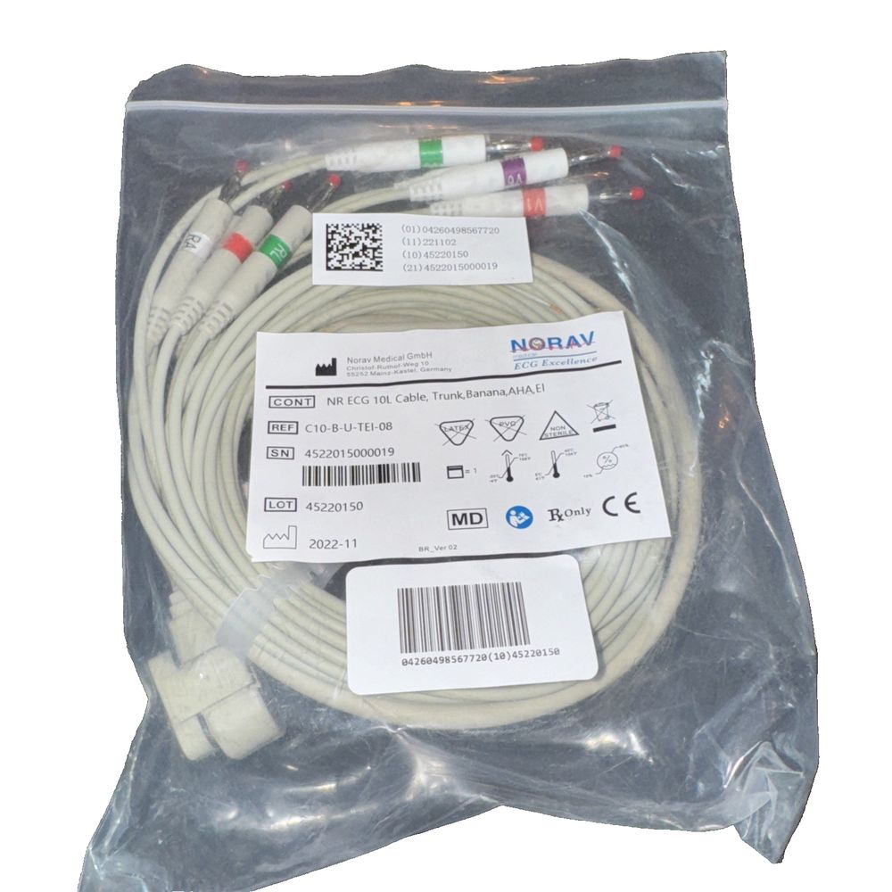 NORAV 10 Lead Blue ECG Wireless Cable with Banana Ends, Noravl Medical – a white cable with a white cord and a red and green cord