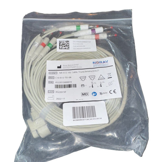 NORAV 10 Lead Blue ECG Wireless Cable with Banana Ends, Noravl Medical – a white cable with a white cord and a red and green cord