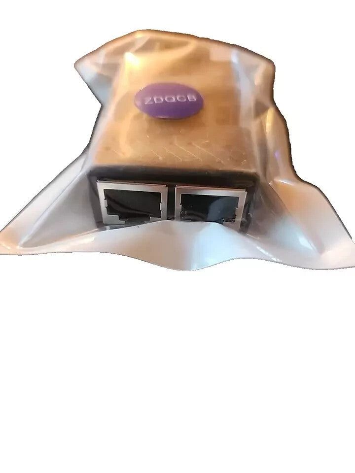 Ethernet Splitter Coupler, RJ45 Splitter Adapter LAN Network 2-Pack, Splice Coupler – a clear plastic bag with a purple logo on it