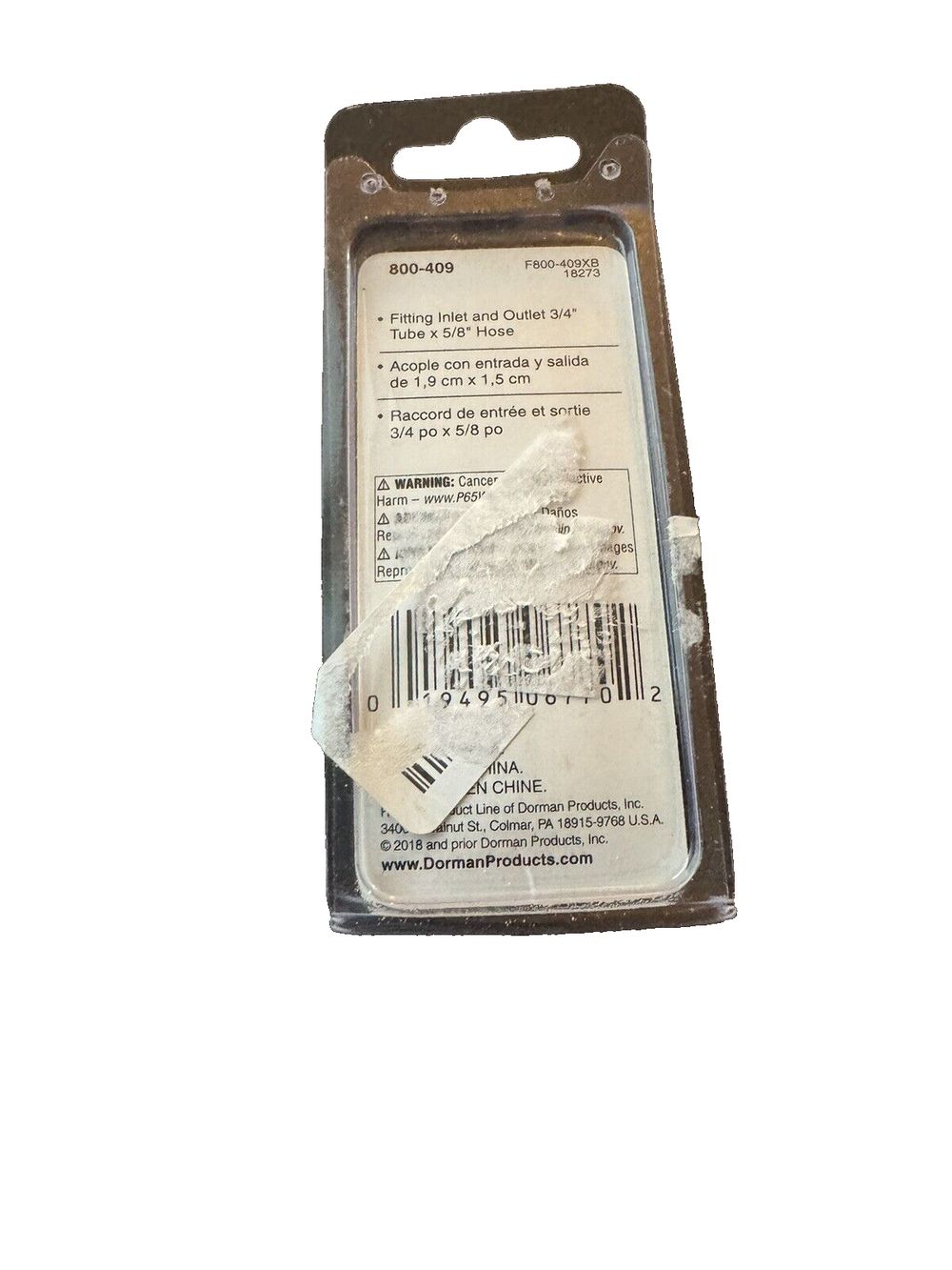 Coolant Connector - Inlet-Outlet 3-4In. Tube x 5-8In. Hose, Dorman – a small metal tag tag with a white label