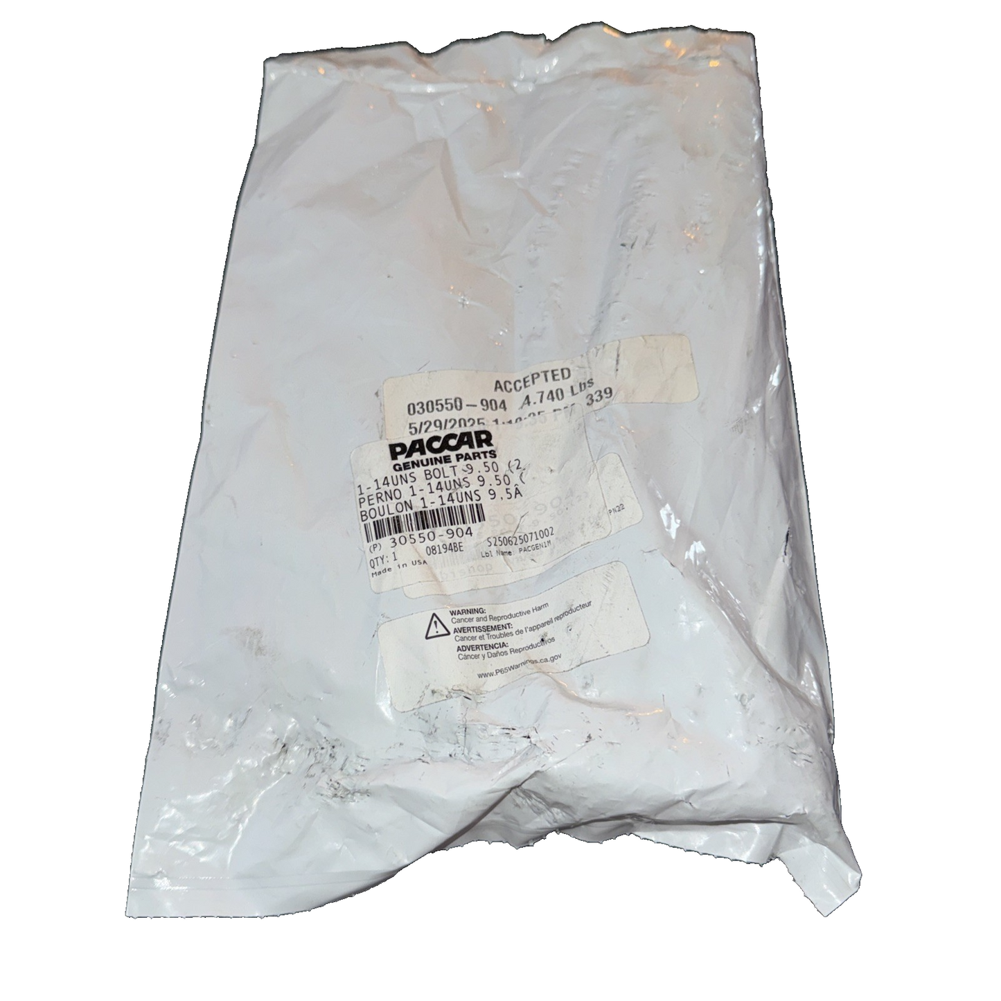 Paccar Bolt 1-14 UNSTOP Pad Bolt 9.5in with 2 in Bag 30550-904