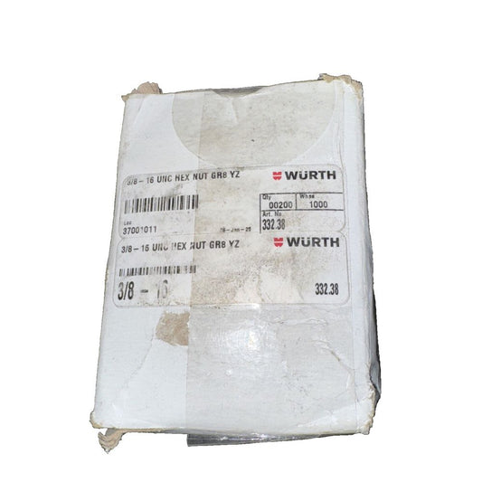 Wurth 3/8"-16 UNC Grade 8 Hex Nuts, Yellow Zinc, 200-Pack, Würth – a white box with a label on it