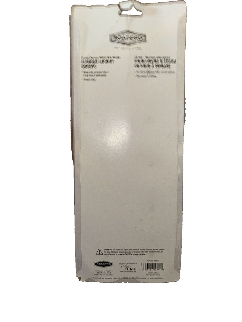 RoadPro RPABS-3310P 33mm Flanged Chrome Plated ABS Plastic Lug Nut Cover - 10 P – a white plastic bag with a white label on it