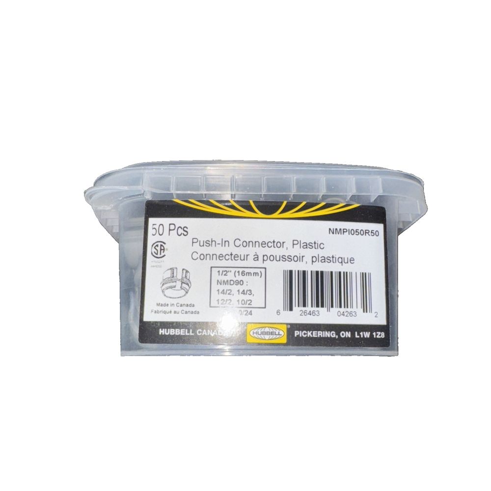 1/2" Plastic Push-In Connector-50/Pack, Hubbell – a small plastic container with a yellow strip