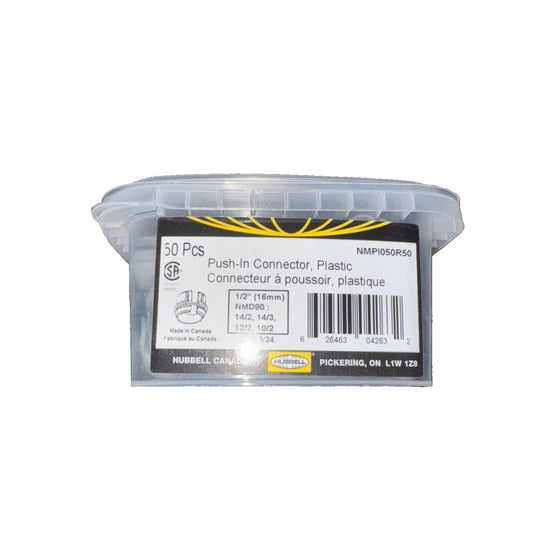 1/2" Plastic Push-In Connector-50/Pack, Hubbell – a small plastic container with a yellow strip