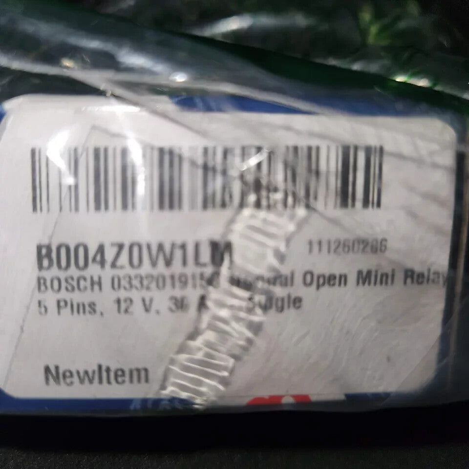 BOSCH Mini Relay - 5 Pins - 12V 30A - Single Switch - Normal Open - High Quality – a white plastic bag with a barcode label