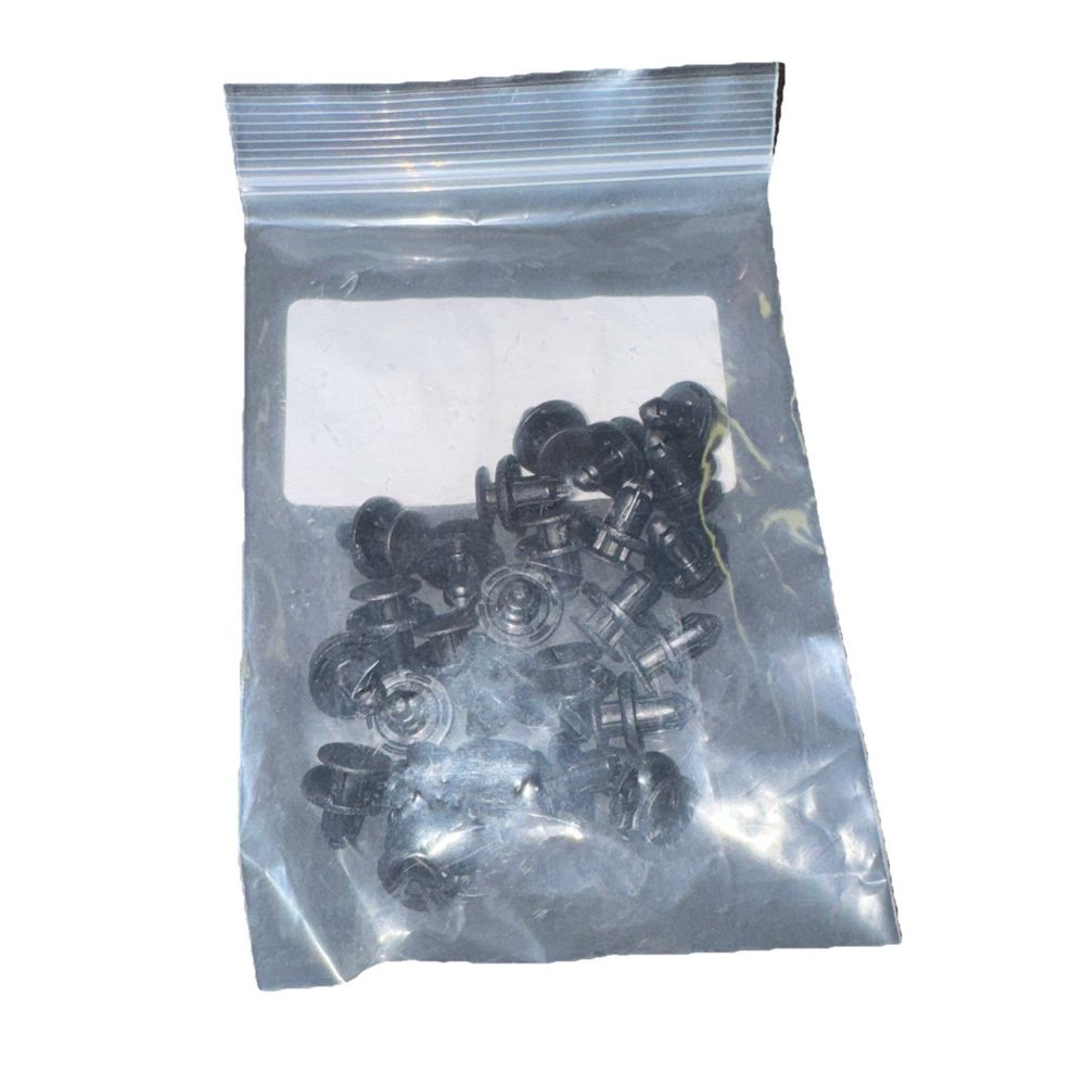 Tesla 8mm Push Rivet, Bumpers, Skirts & Undertray - Part # 1006521-00-A 26 Pack, DaveyDooDeals – a bag of black plastic screws