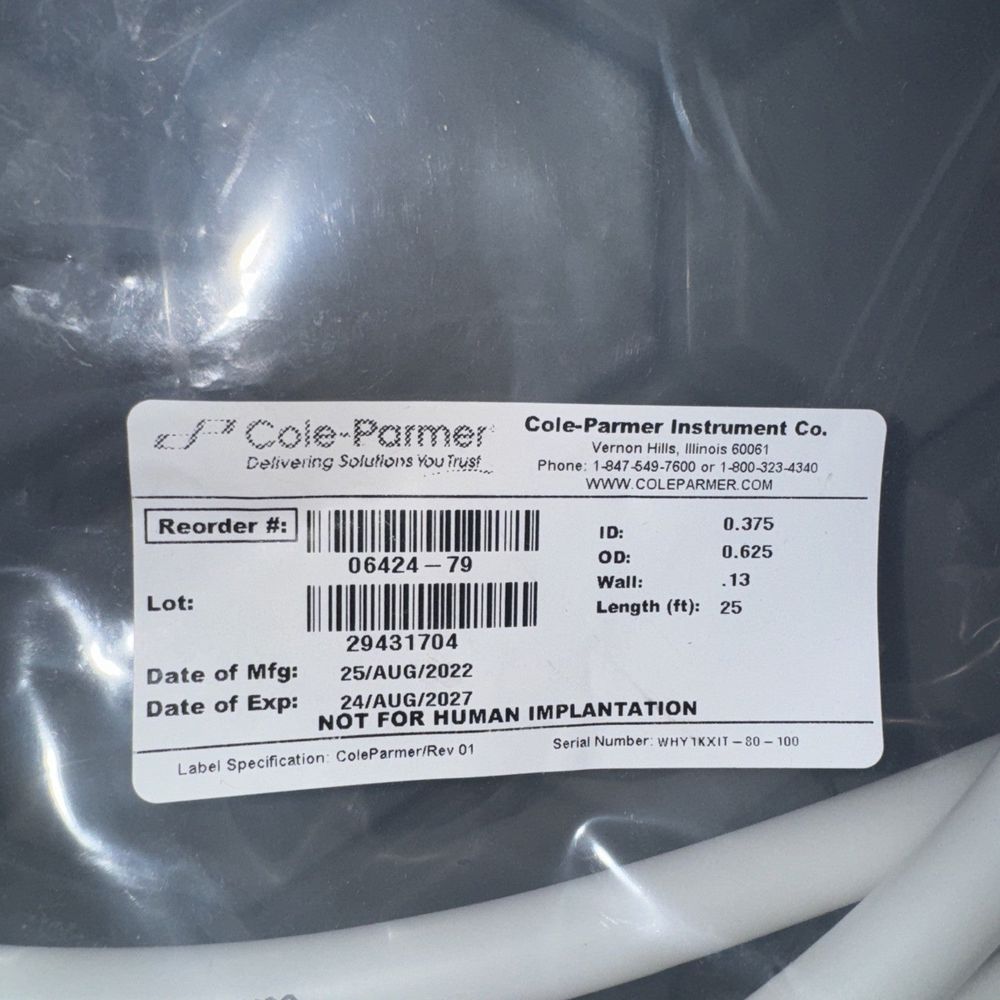 Cole Parmer 06424-79 Cflex Tubing ID 0.375 OD 0.625 Wall .13 Length 25FT, DaveyDooDeals – a close up of a white plastic bag