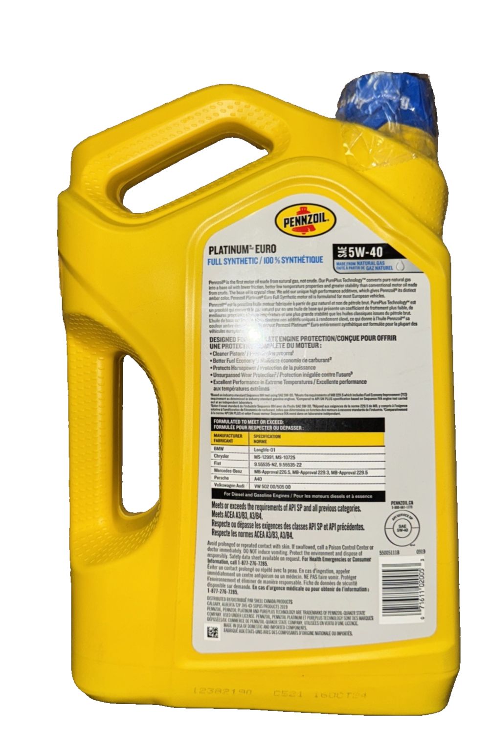 Penzoil Platinum Euro SAE 5W-40 – a gallon of yellow liquid