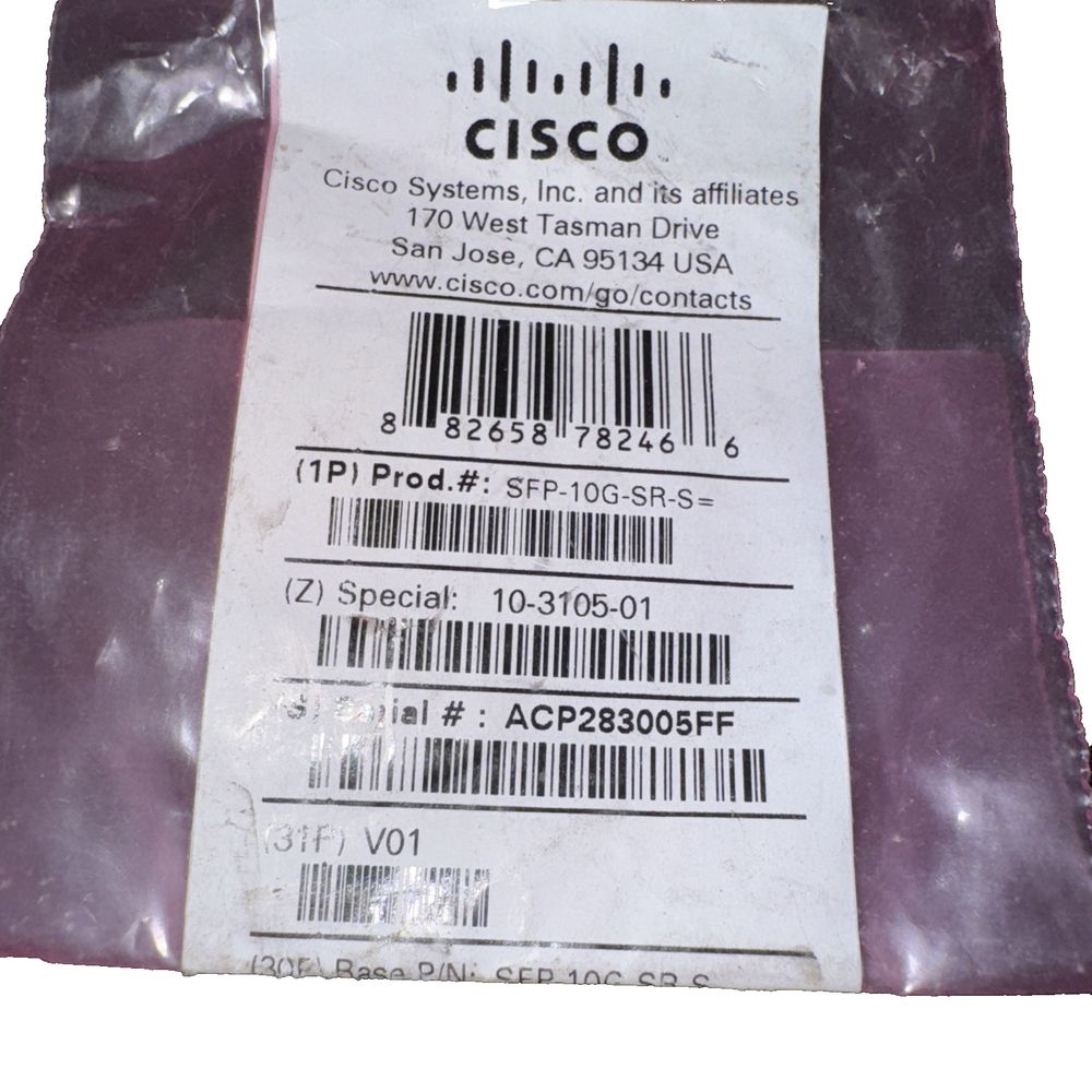 Cisco 10GBASE-SR SFP+ Module for MMF – a label for a purple colored plastic bag