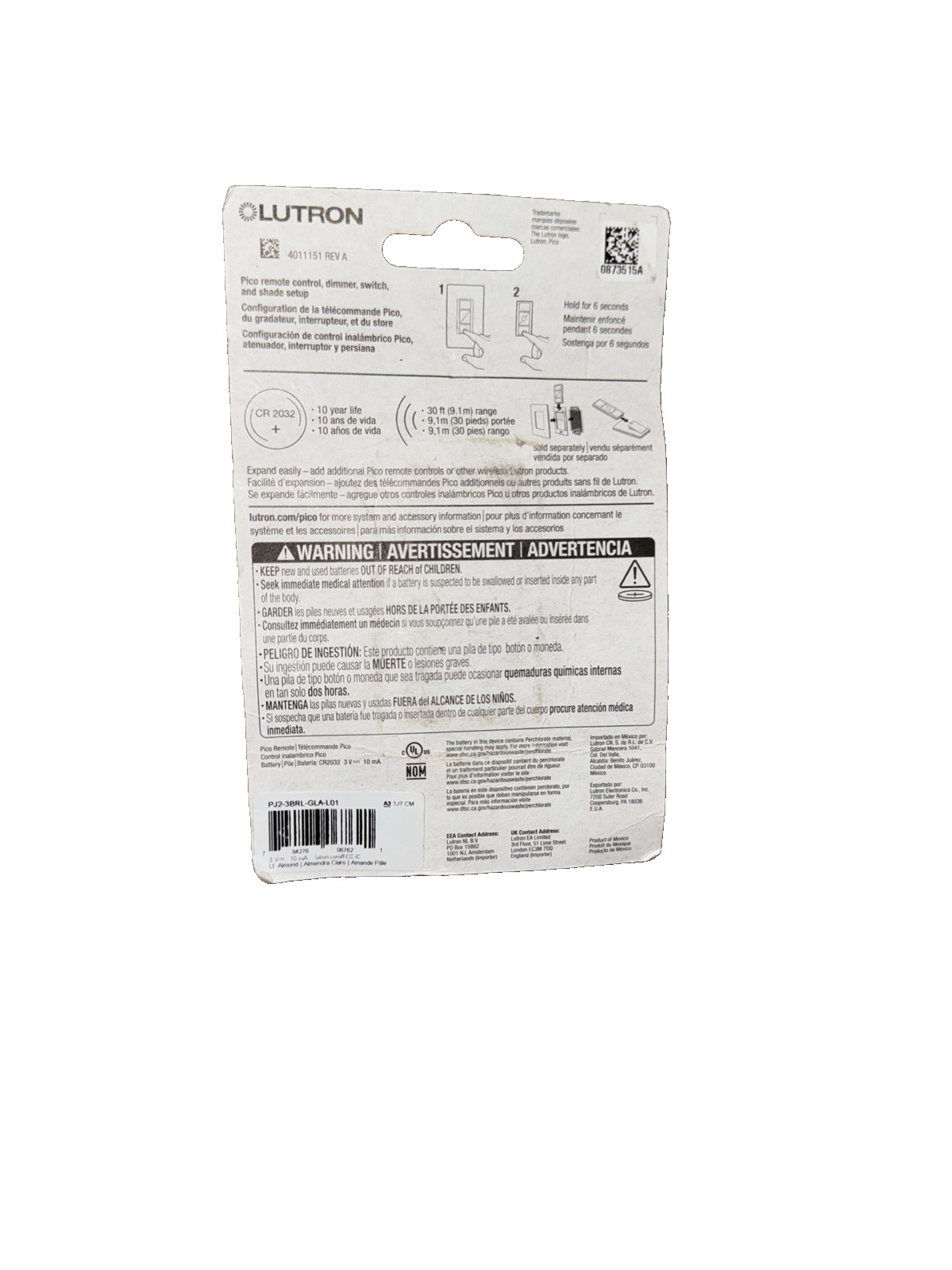 Pico PJ2-3BRL-GLA-L01 3-Button Wireless Control Switch, 3 VDC, Light Almond