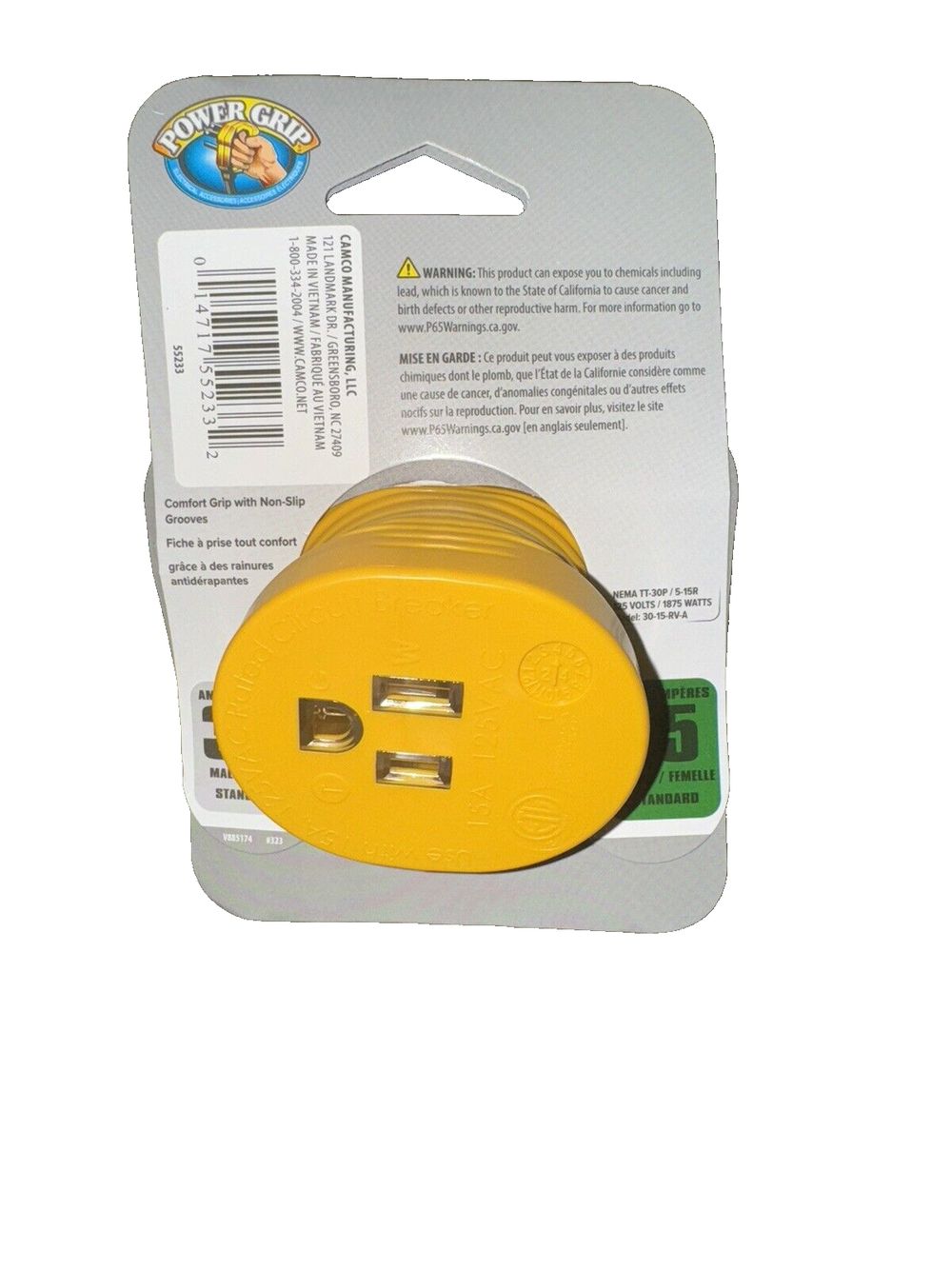 Camco RV 30AM-15AF Power Grip Electrical Adapter | for Easy Connection of Stand – a yellow tape with a white background