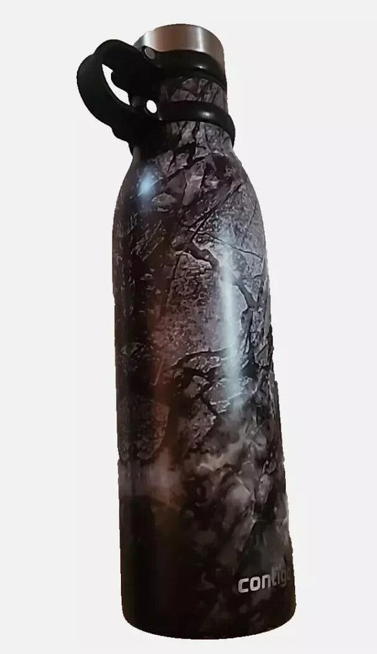 Contigo Camo Water Bottle - 16oz Leak-Proof & Durable - Outdoor Adventure Ready – a black and white water bottle with a black lid
