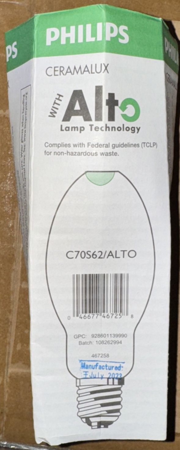 Philips Son 70W E39 CL SL/12 High Pressure Sodium Lamps 12 pack – a box with a light bulb and a package of paper
