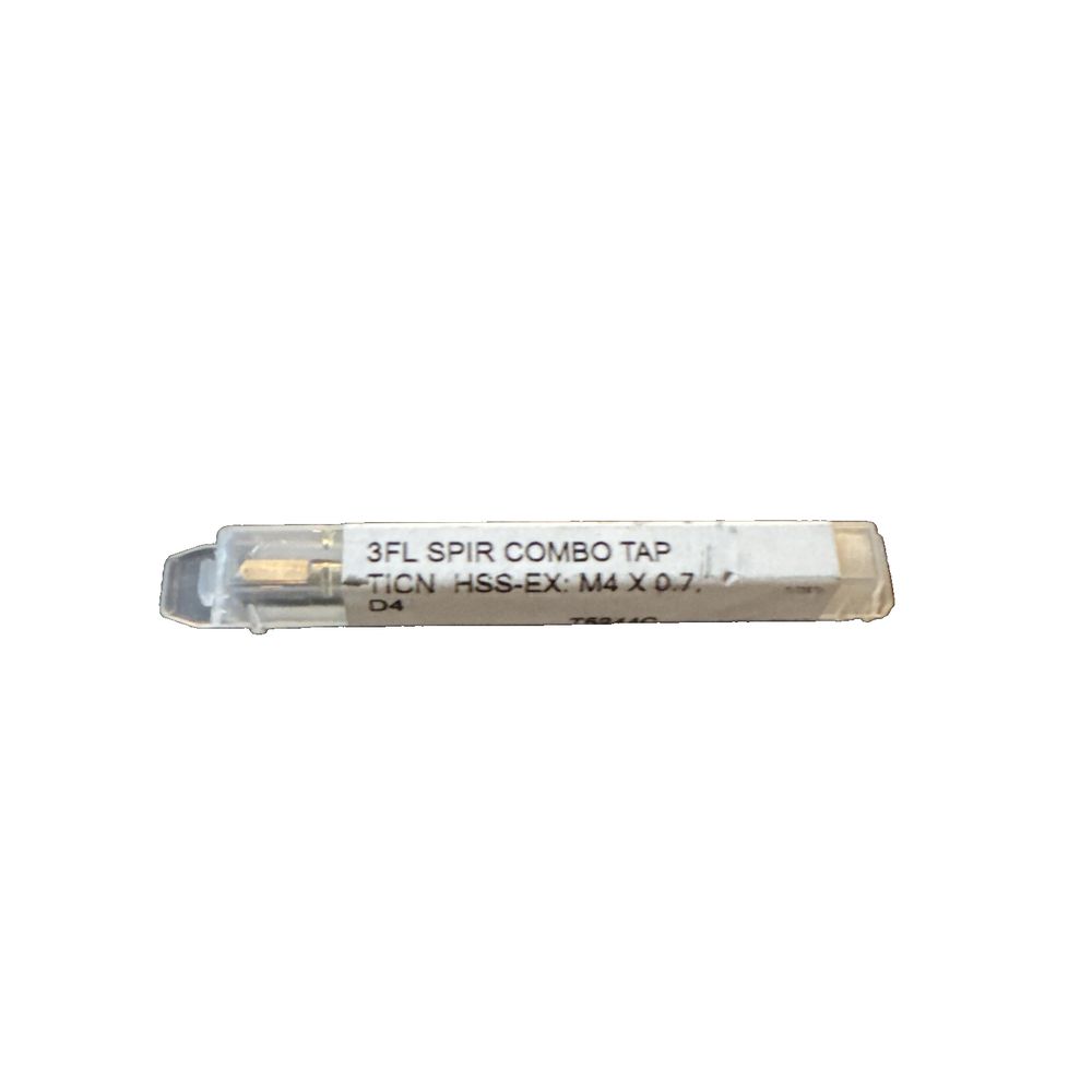33419 3FL Spir Combo Tap Ticn HSS-EX: M4 x .7, D4, G – a small silver metal tube with a white background
