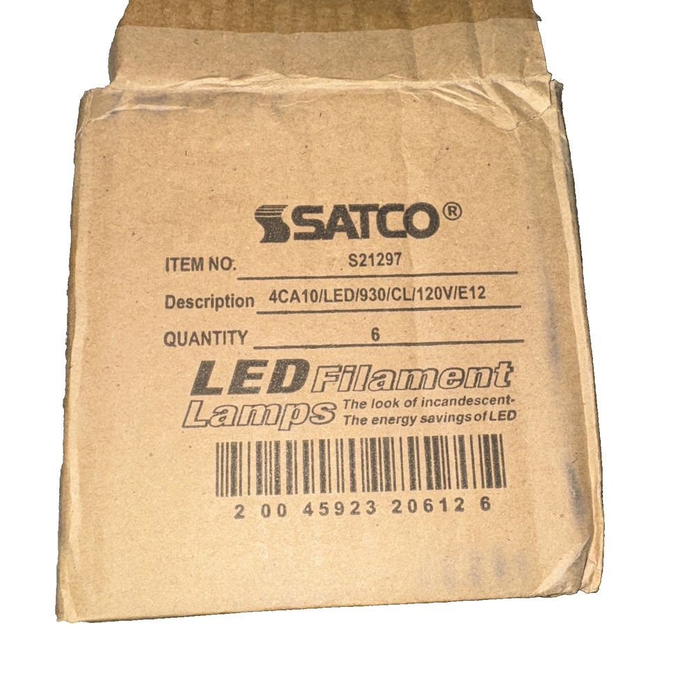 Satco S21297 4CA10/LED/930/CL/120V/E12-6 Pack – a brown cardboard box with a label on it