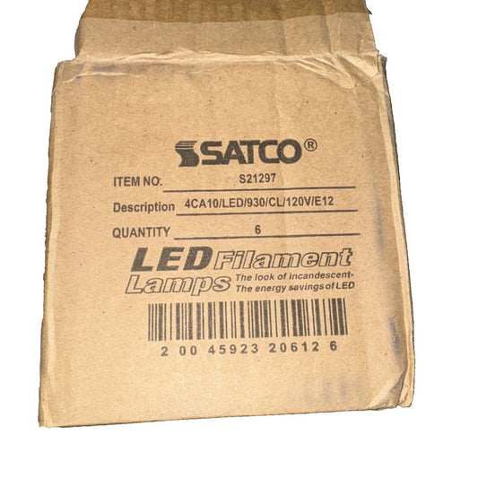 Satco S21297 4CA10/LED/930/CL/120V/E12-6 Pack – a brown cardboard box with a label on it