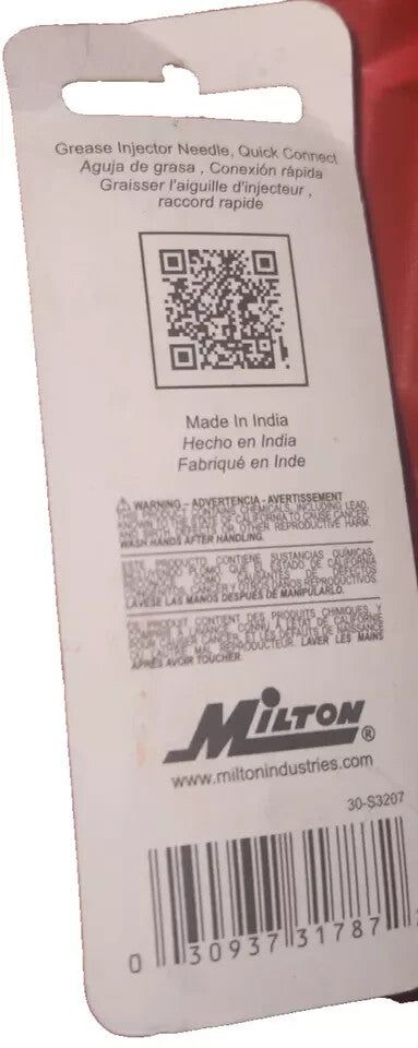 Milton Industries S-3207 Grease Gun Injector Needle Quick Connect Coupler – a red plastic bottle with a barcodee label
