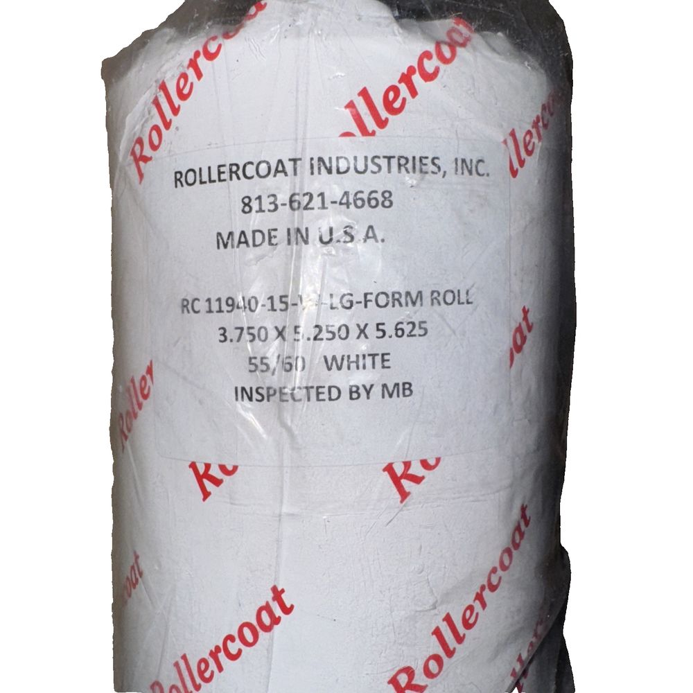 RC 11940-15W-LG-Form Roll 3.75 x 5.25 x 2.625 RollerCoat Industries – a roll of white paper with red lettering