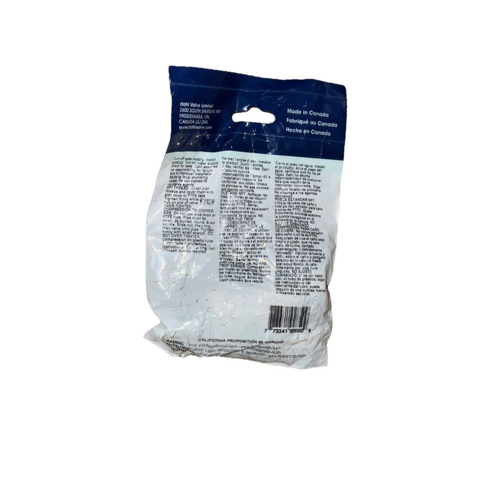 Dahl 1/2 in. FIP Inlet x 3/8 in. Compression Outlet 1/4-Turn Straight Stop, DaveyDooDeals – a bag of white plastic bags with a white label
