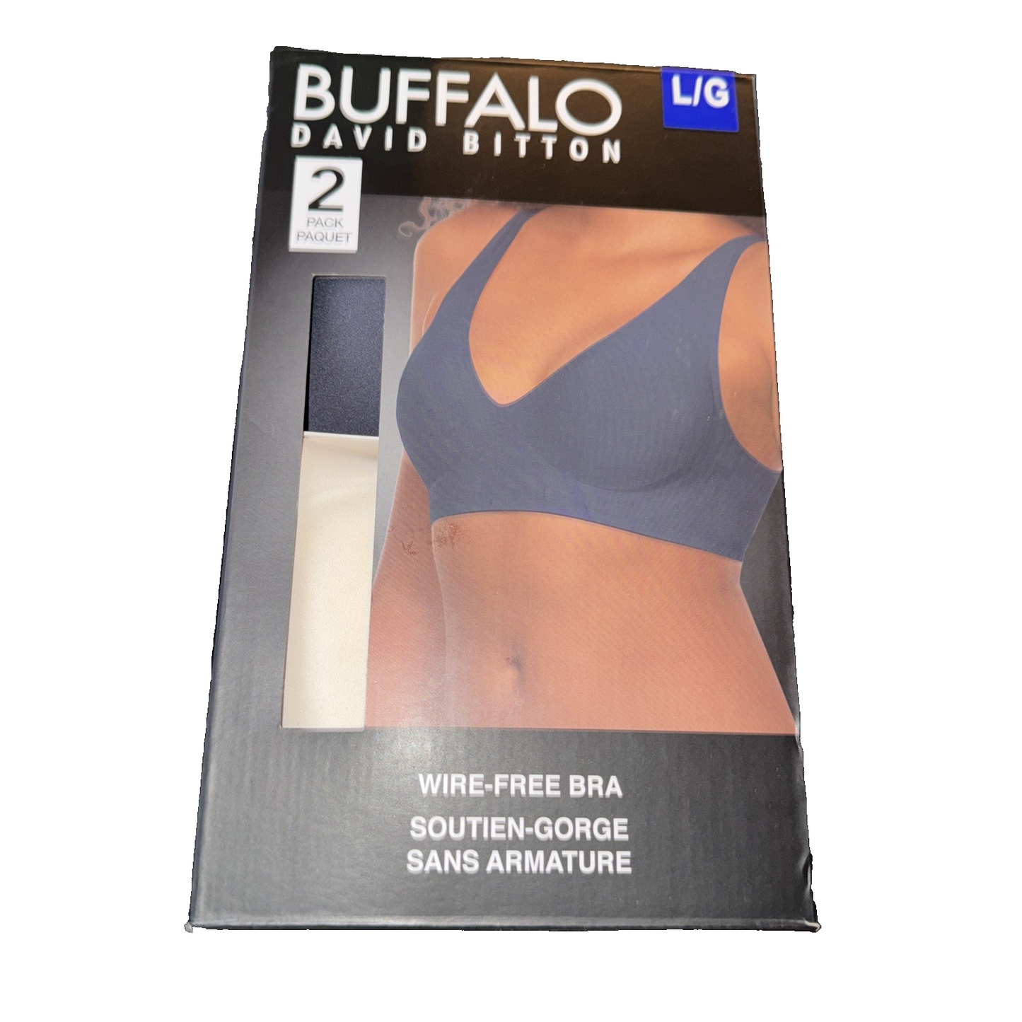 Buffalo David Bitton Wire-Free Bra 2 Pack Colors White and Slate Grey Size Large