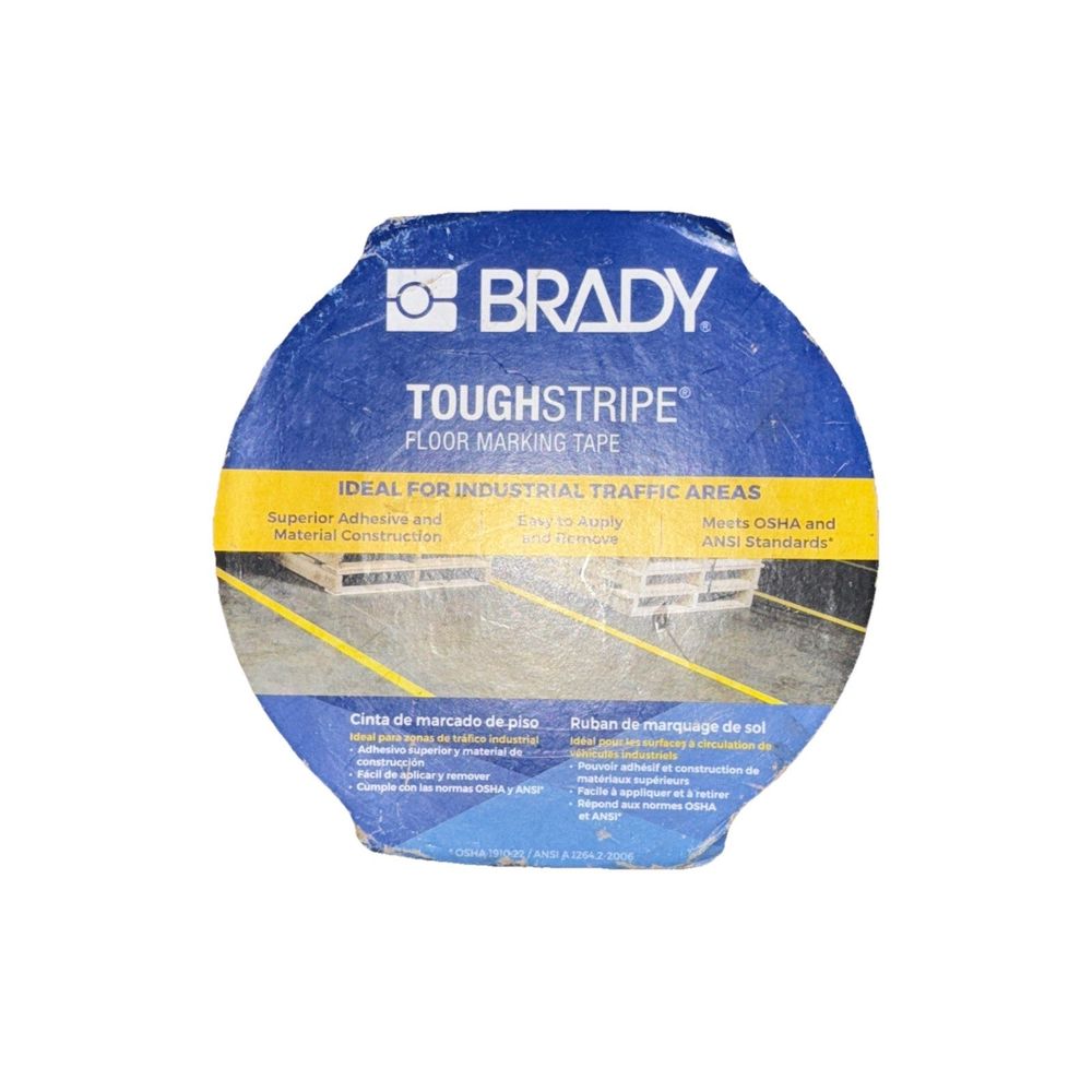 Brady 104342 ToughStripe Floor Marking Tape, 3" x 100" – a blue and yellow tape with the words ' toshipe '