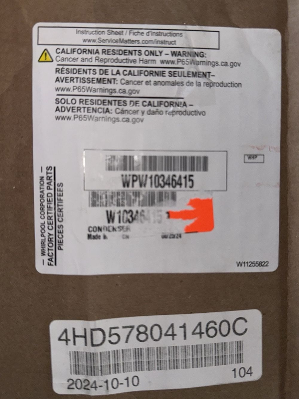 Whirlpool WPW10346415 Condenser – a box with a label on it