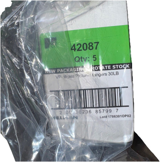 Brass Plated Standard Hanger With Nail 50 PC (5 Packs), Hillman Group – a package of plastic bags with a barcode label