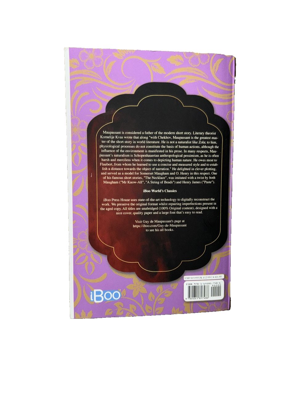 Lasting Love: Maupasant Original Short Stories, DaveyDooDeals – the book cover for the book, with a black and purple floral pattern