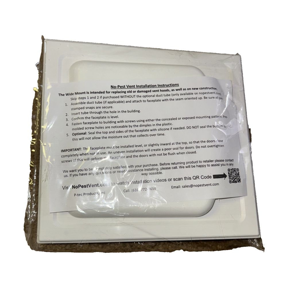 No Pest Vent Installion 9.5"x9" – the back of a white box with a label on it