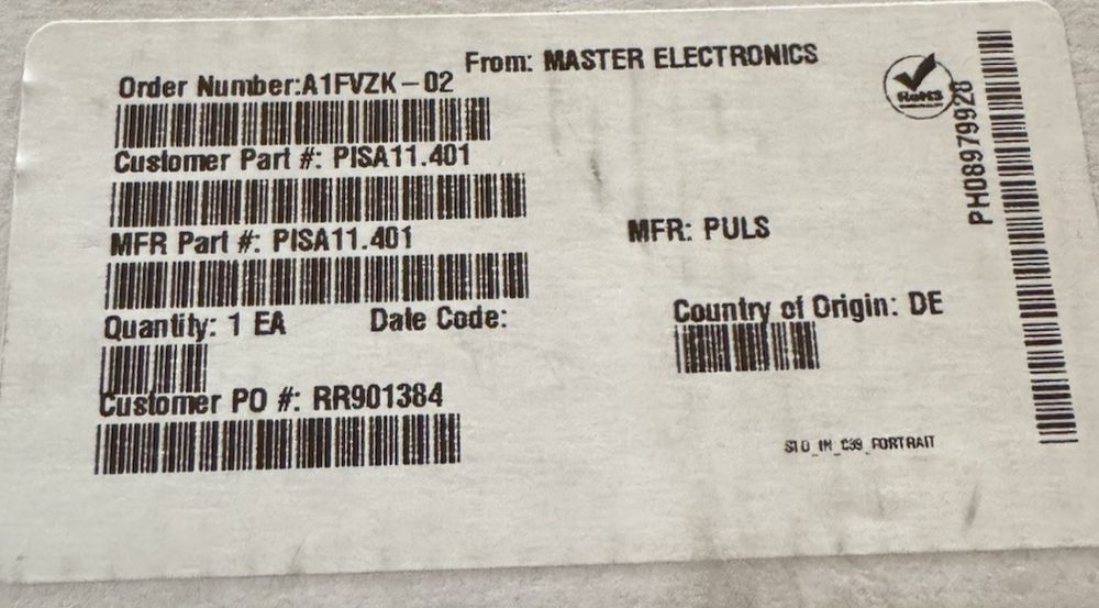 Puls PISA11.401 Protection Module Master Electronics – a white plastic bag with a barcode on it