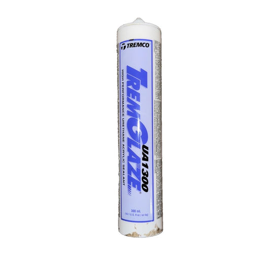 AUA1300 Trem Glaze Acrylic Sealant, TremGlaze – a white foam with a blue and white logo on it