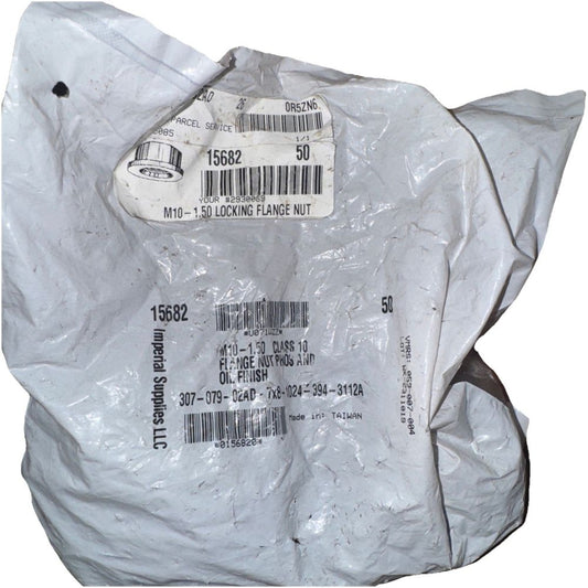 M10-1.5 Locking Flange Nut 50 Pack, Imperial – a white plastic bag with a barcode label
