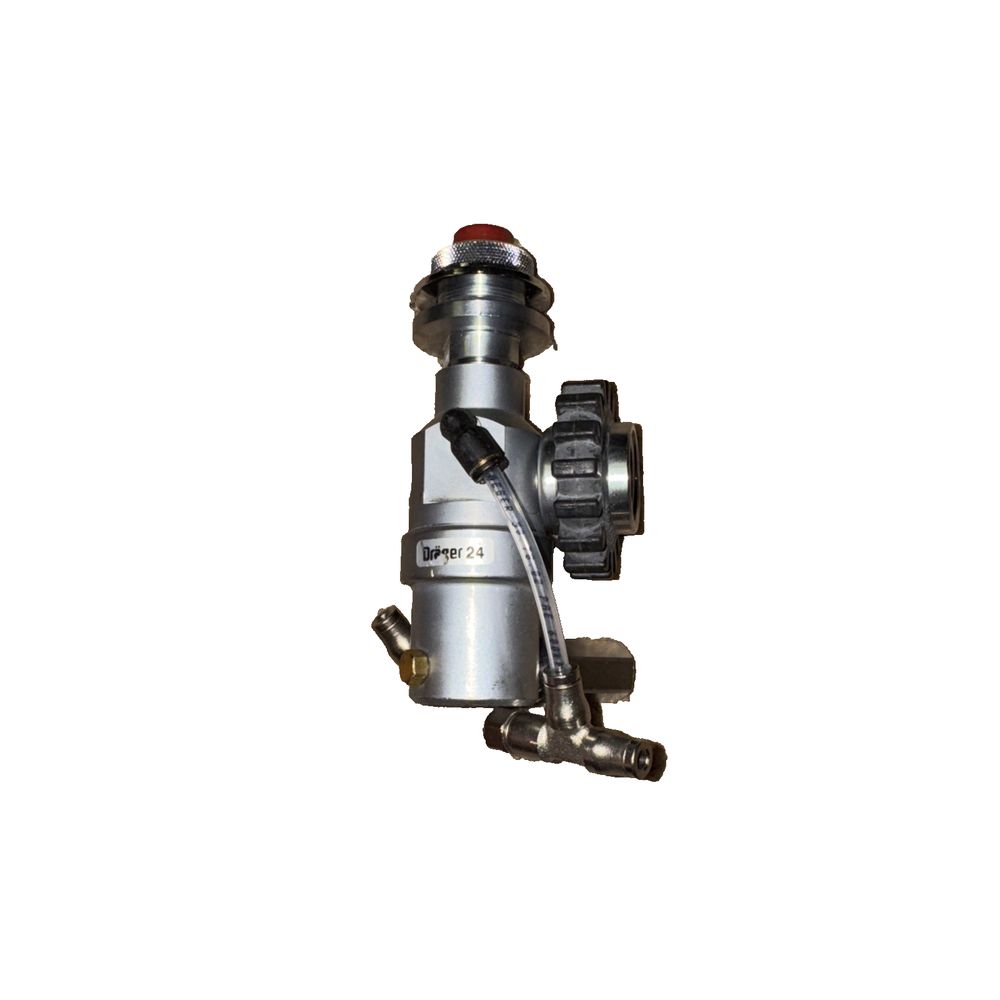 Drager R33960, Draeger R33960 Pressure Reducer, Dräger – a silver vacuum with a red handle