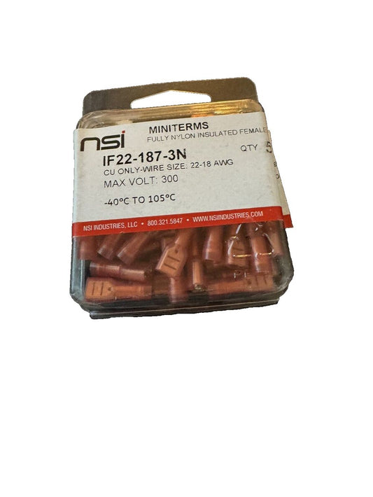 NSI IF22-187-3N Fully Nylon Insulated Female Disconnect, 22-18 Wire Size, 0.187" – a pack of 25mm brass plated copper connectors