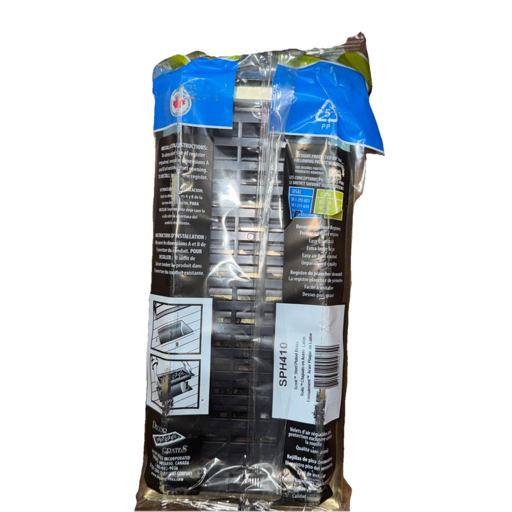 Decor Grates SPH410 Floor Register, 4x10, Polished Brass Finish UPC 771308004754 – a package of black plastic bags with a blue handle