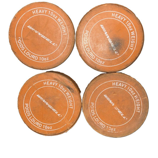 Winnwell Weighted Ice Hocky Pucks Orange 10 oz 4 Pack – four vintage red metal coasters with white lettering