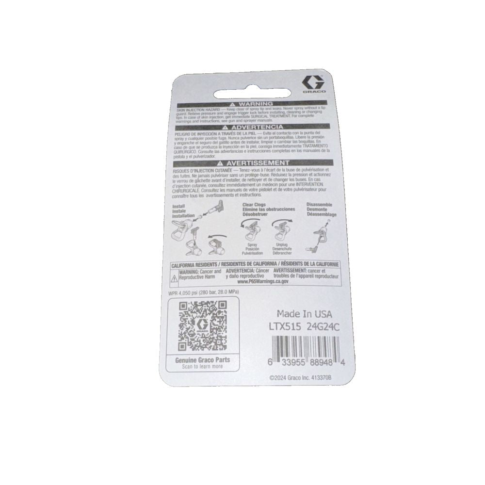 .015" Graco LTX515 RAC X Reversible Switch Tip, Fan Width 10" - 12" – a white label with a black and white label