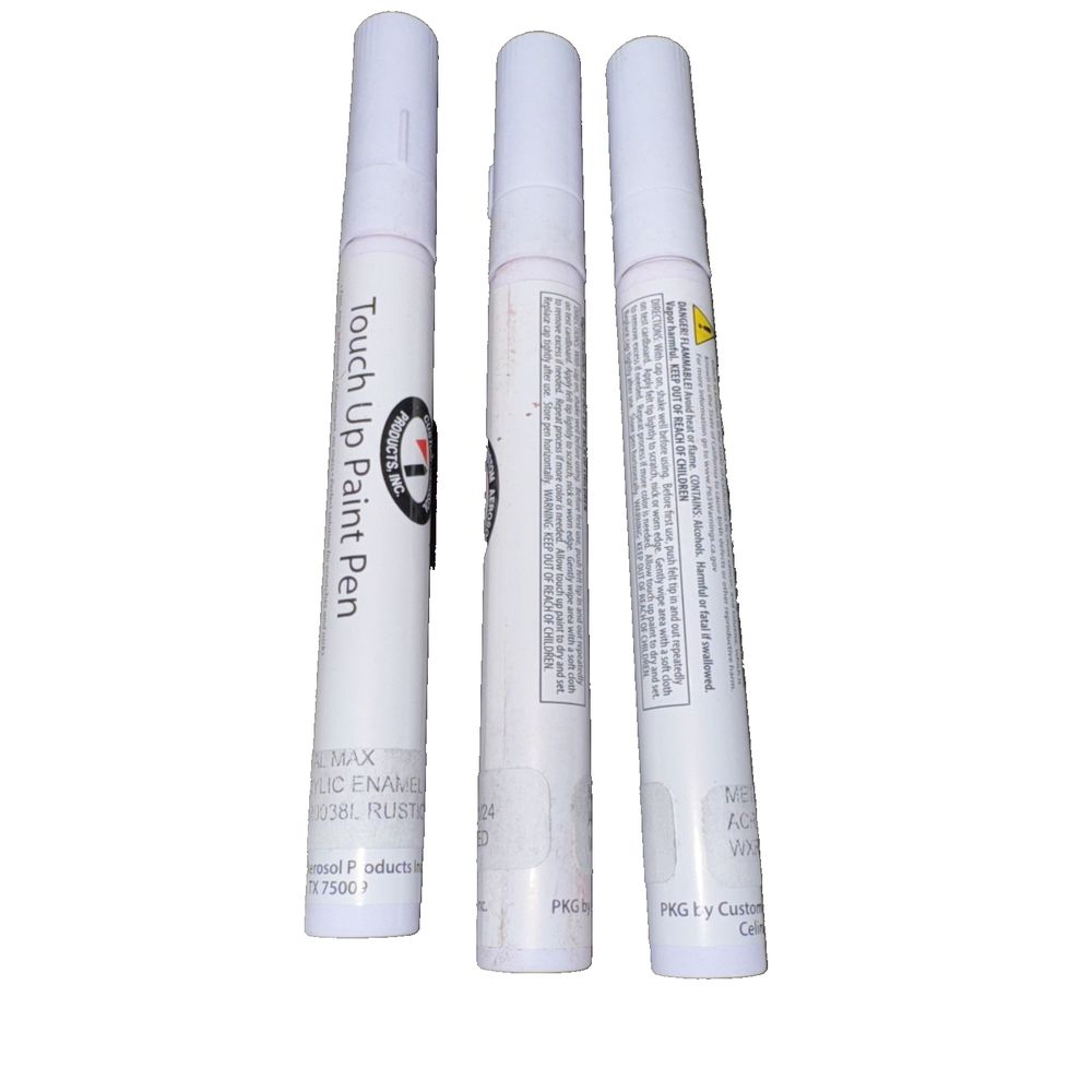 Metal Max Touch Up Paint Pen Acrylic Enamel Rustic Red 3 Pack, Custom Aerosol Products INC – two white tubes with a black and white label
