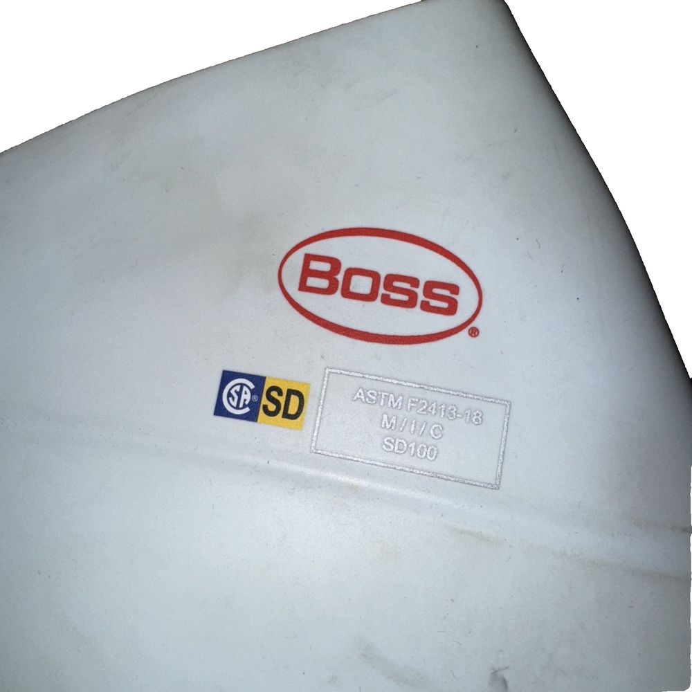 Boss White Rain Boots Size 9 F2413-18 Steel Toe – a white box with a red and blue logo