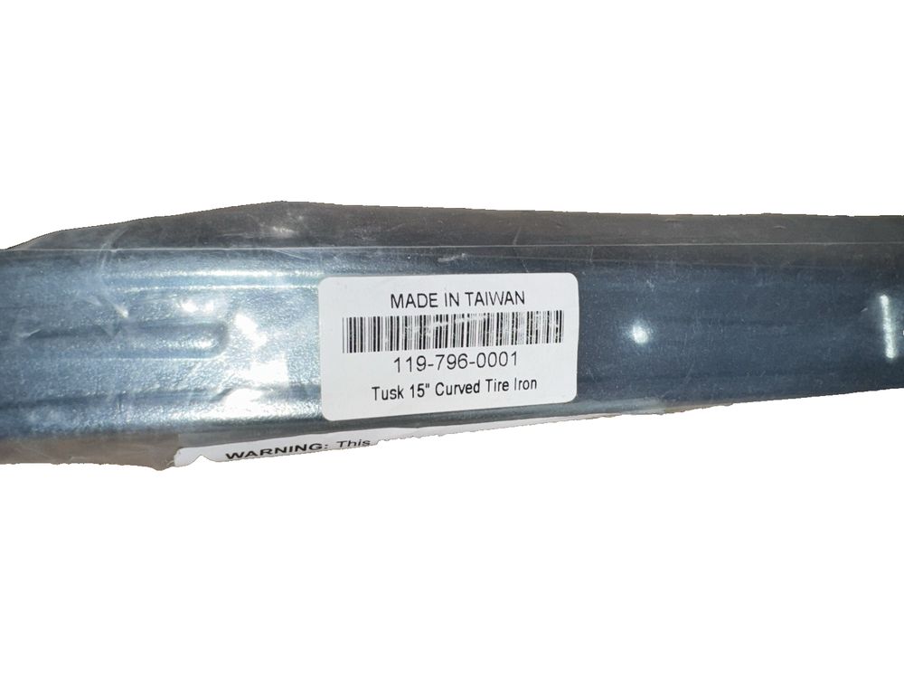 Tusk, 15" Curved Tire Iron, 119-796-0001 – a blue plastic tube with a barcode label