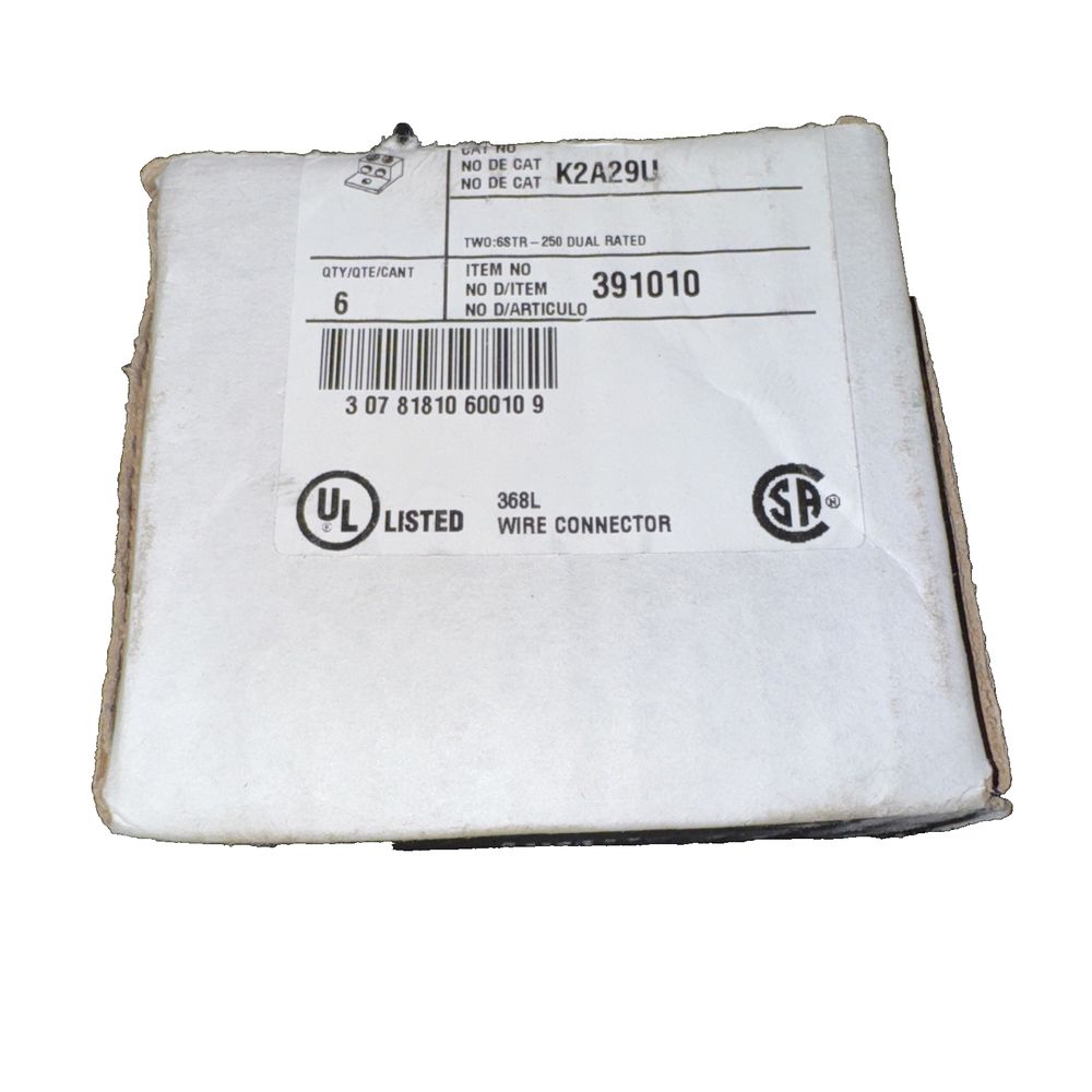 BUR K2A29U 250 ALCU 2H TERM LUG 6 Pack, BURNDY – a box of white paper with a label on it